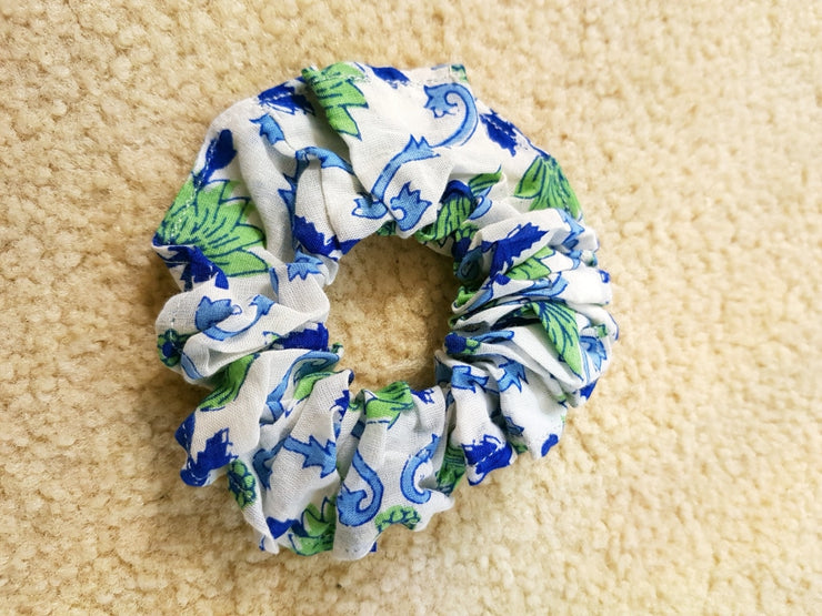 Blue Floral Scrunchies - Hand Block Print Indian Cotton Voile