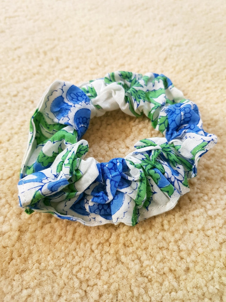 Blue Floral Scrunchies - Hand Block Print Indian Cotton Voile