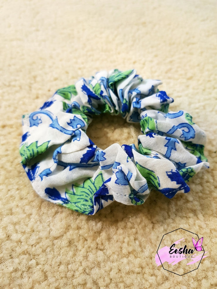 Blue Floral Scrunchies - Hand Block Print Indian Cotton Voile