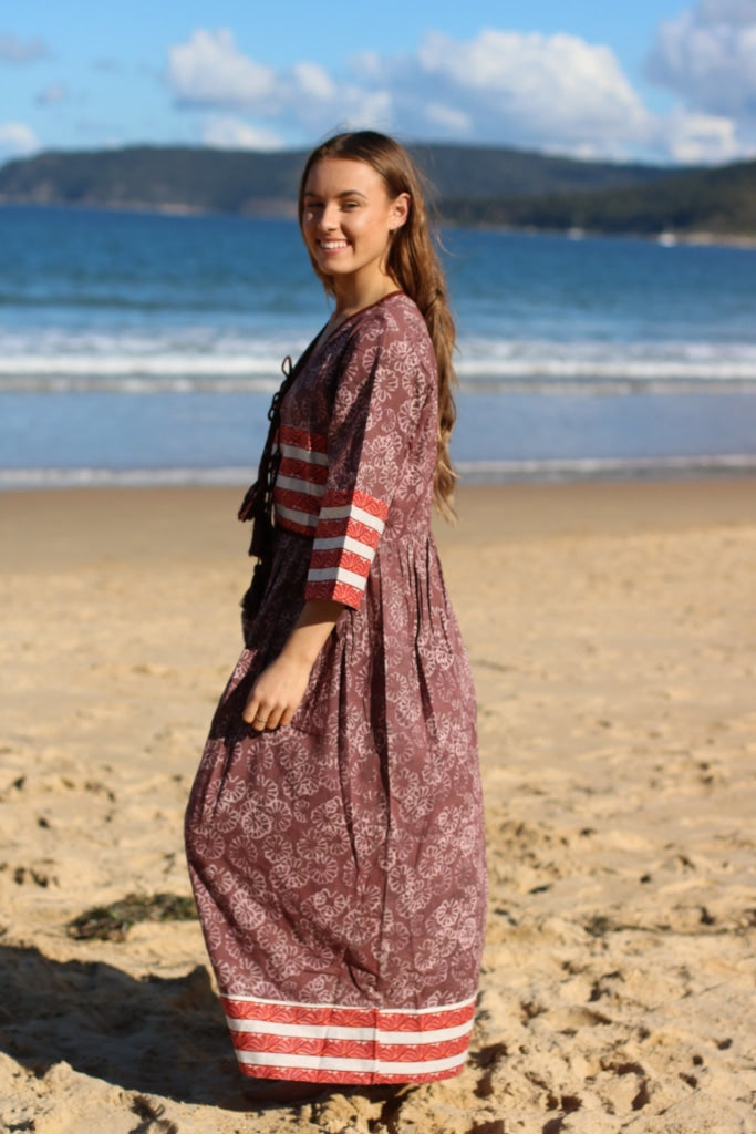 Bohemian Indian Organic Cotton Hand Block Print Long White Maxi Dress With Tussles