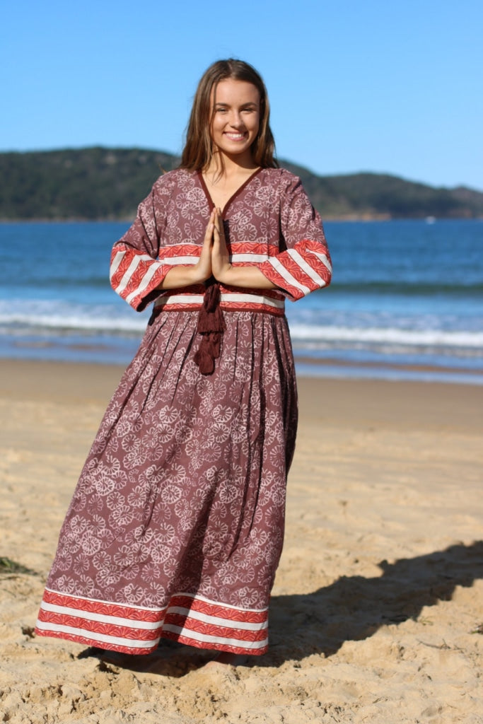 Bohemian Indian Organic Cotton Hand Block Print Long White Maxi Dress With Tussles