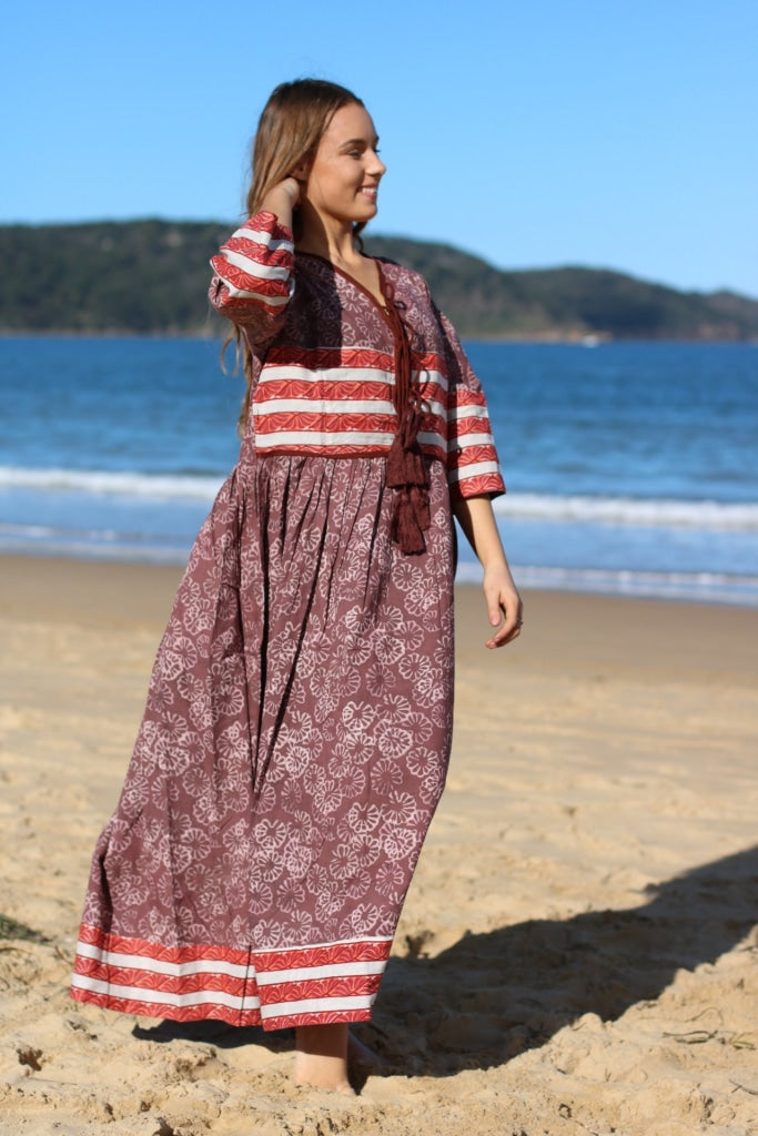 Bohemian Indian Organic Cotton Hand Block Print Long White Maxi Dress With Tussles