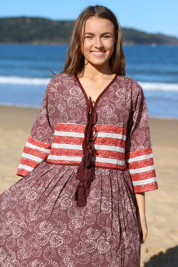 Bohemian Indian Organic Cotton Hand Block Print Long White Maxi Dress With Tussles
