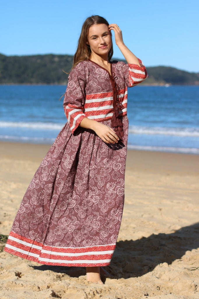 Bohemian Indian Organic Cotton Hand Block Print Long White Maxi Dress With Tussles