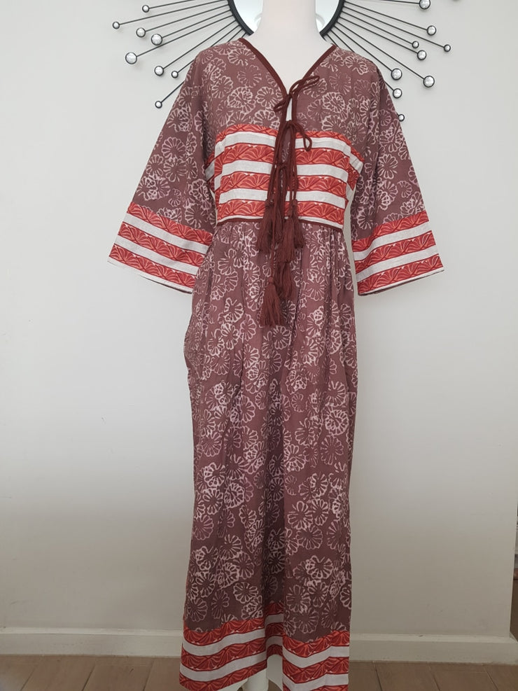 Bohemian Indian Organic Cotton Hand Block Print Long White Maxi Dress With Tussles