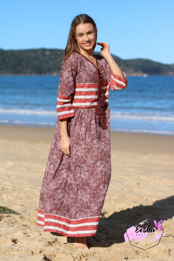 Bohemian Indian Organic Cotton Hand Block Print Long White Maxi Dress With Tussles