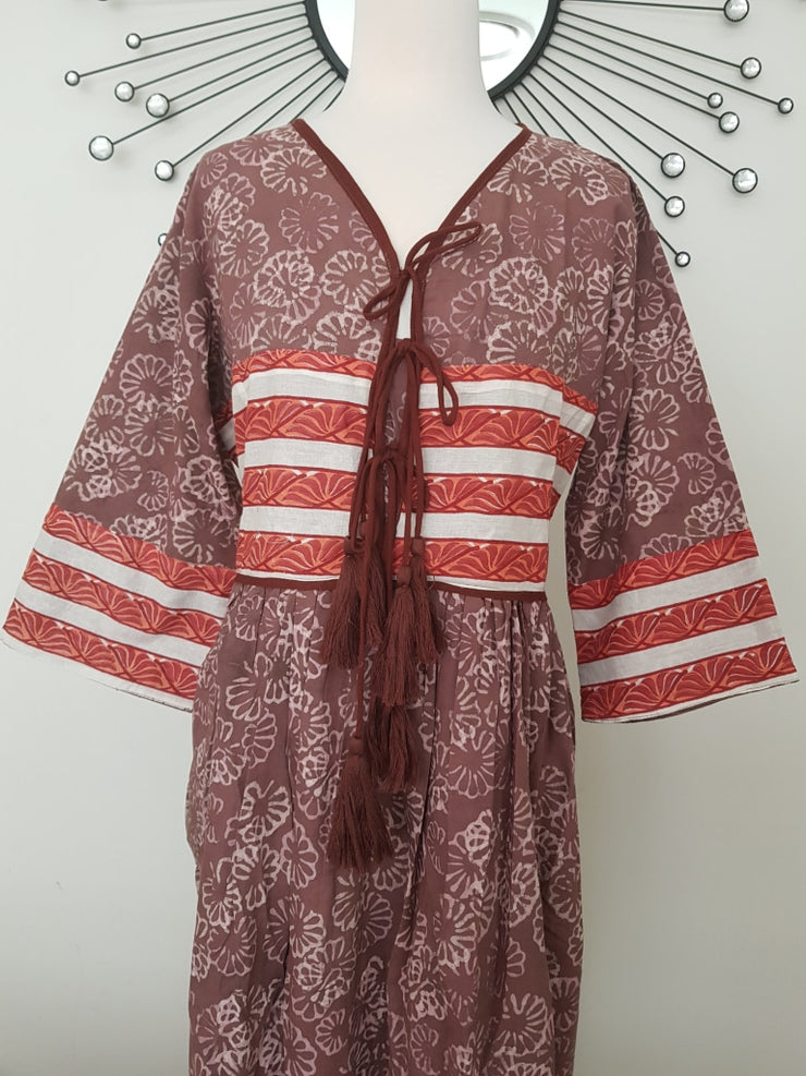 Bohemian Indian Organic Cotton Hand Block Print Long White Maxi Dress With Tussles