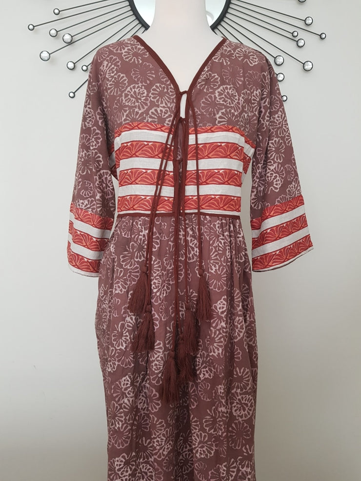 Bohemian Indian Organic Cotton Hand Block Print Long White Maxi Dress With Tussles