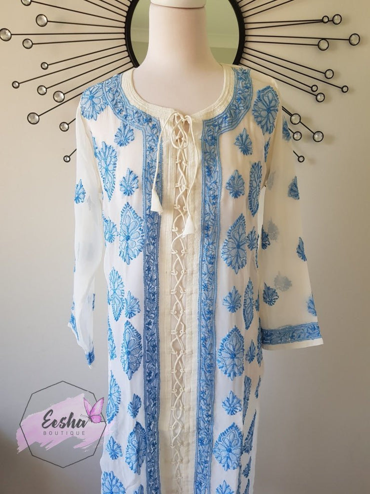 Chikankari Long Tunic -Hand Embroidered Georgette M / Blue