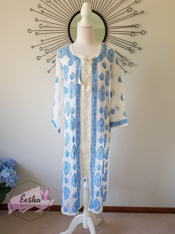 Chikankari Long Tunic -Hand Embroidered Georgette Xl / Blue
