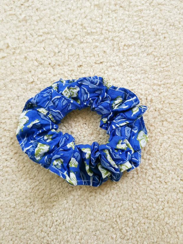 Dark Blue Floral Scrunchies - Hand Block Print Indian Cotton Voile