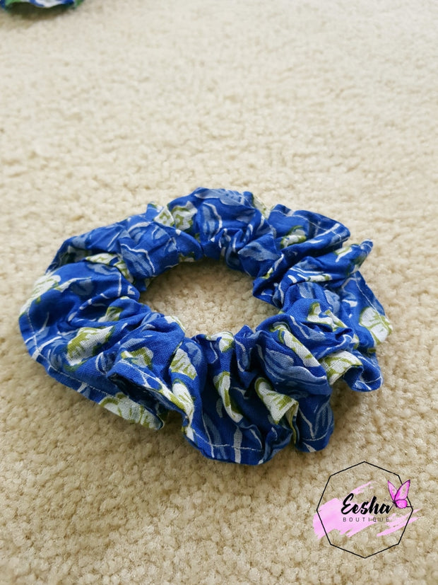 Dark Blue Floral Scrunchies - Hand Block Print Indian Cotton Voile