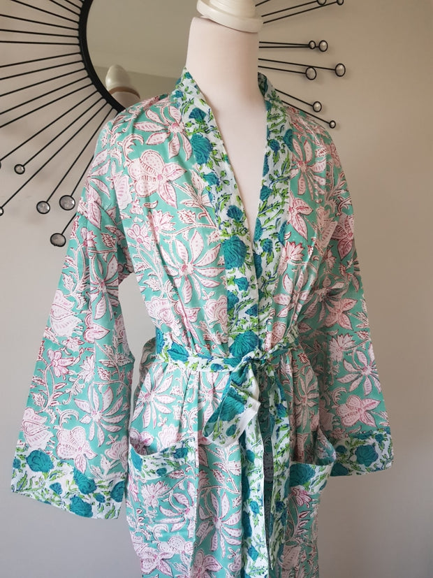 Floral Block Print Kimono Robe - L/xl