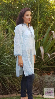 Floral Sky Blue Cotton Hand Block Print Tunic