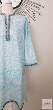 Floral Sky Blue Cotton Hand Block Print Tunic