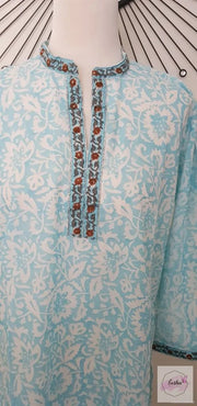 Floral Sky Blue Cotton Hand Block Print Tunic