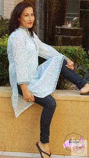 Floral Sky Blue Cotton Hand Block Print Tunic