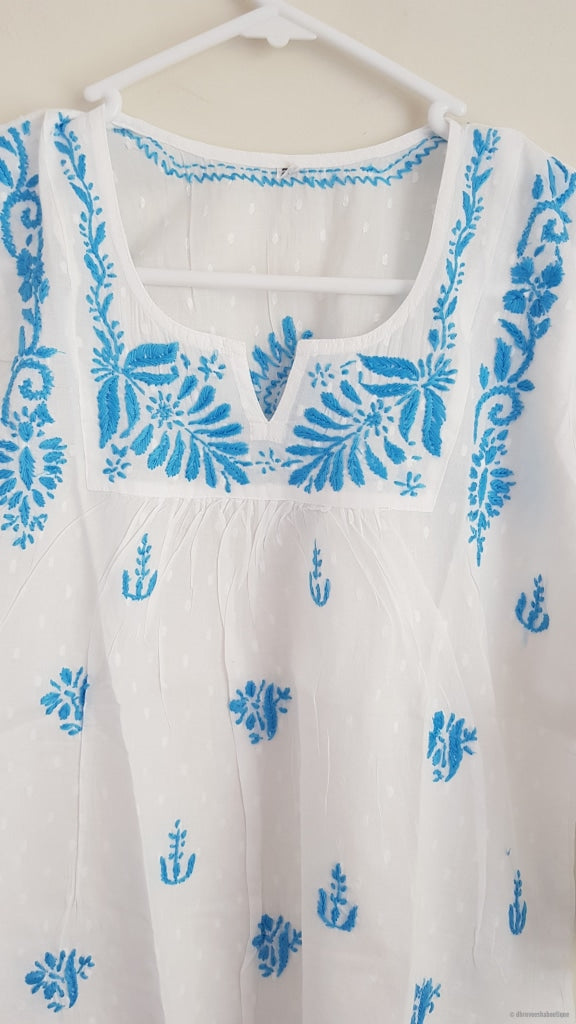 Girls White Tunic With Blue Embroidery
