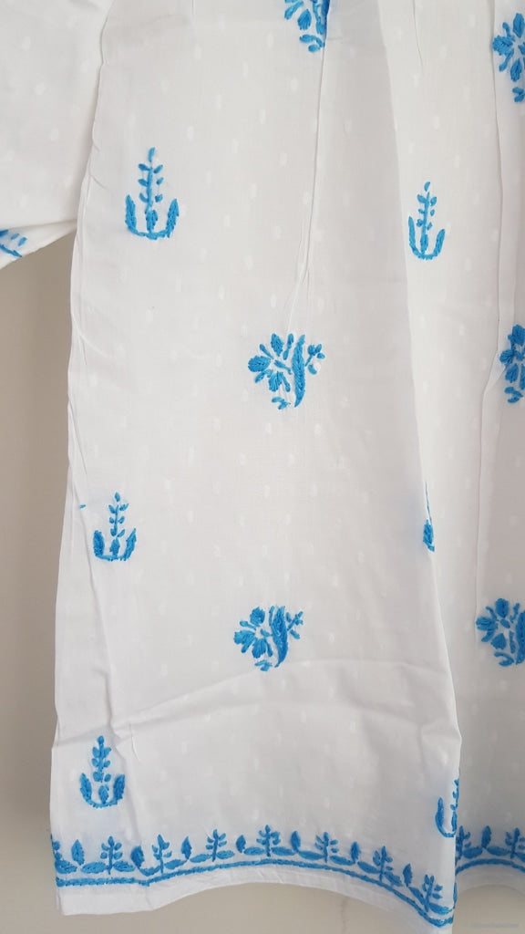 Girls White Tunic With Blue Embroidery