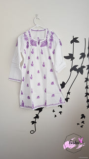 Girls White Tunic With Purple Embroidery