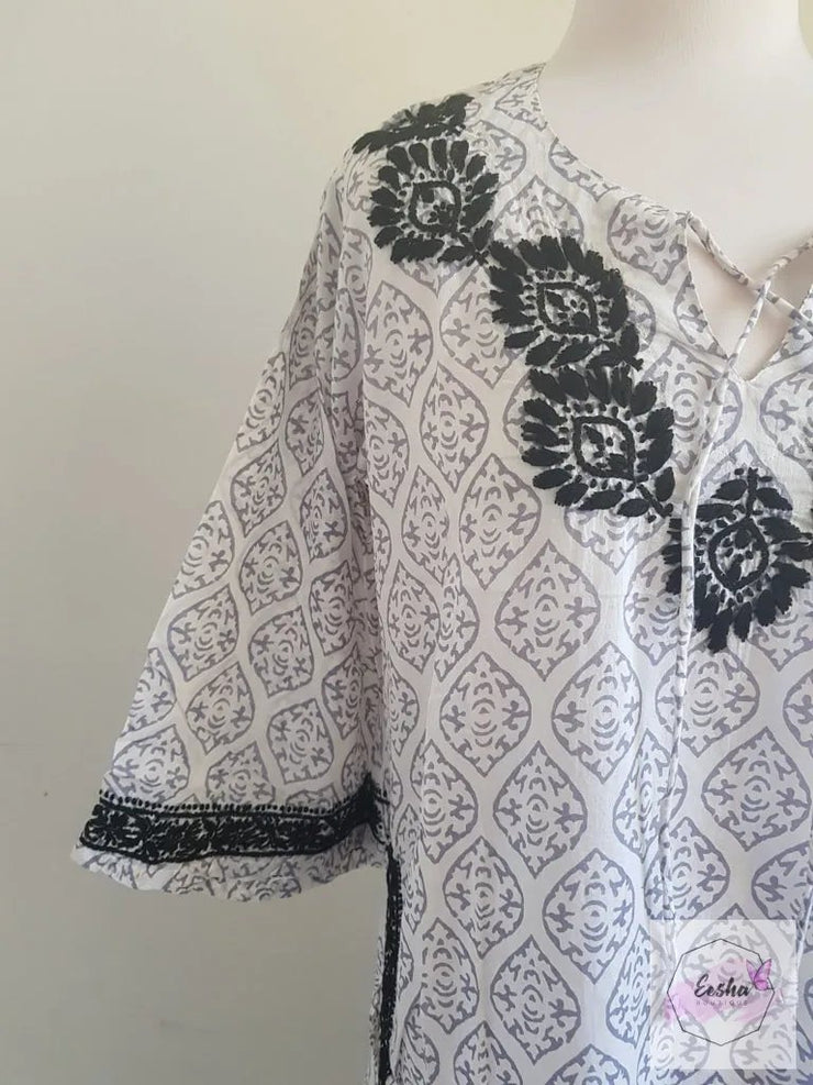 Gray Bell Sleeves Hand Block Print Tunic Kurta With Chikankari Embroidery