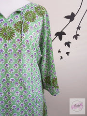 Green Bell Sleeves Hand Block Print Tunic Kurta With Chikankari Embroidery