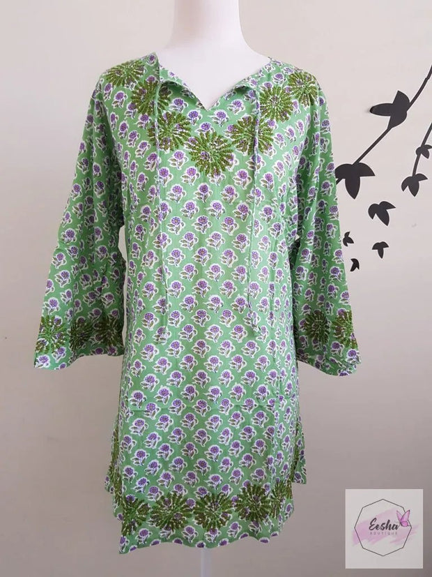 Green Bell Sleeves Hand Block Print Tunic Kurta With Chikankari Embroidery