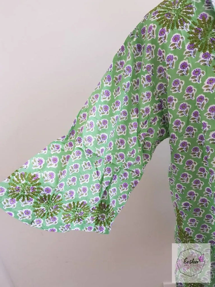 Green Bell Sleeves Hand Block Print Tunic Kurta With Chikankari Embroidery