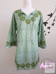 Green Bell Sleeves Hand Block Print Tunic Kurta With Chikankari Embroidery