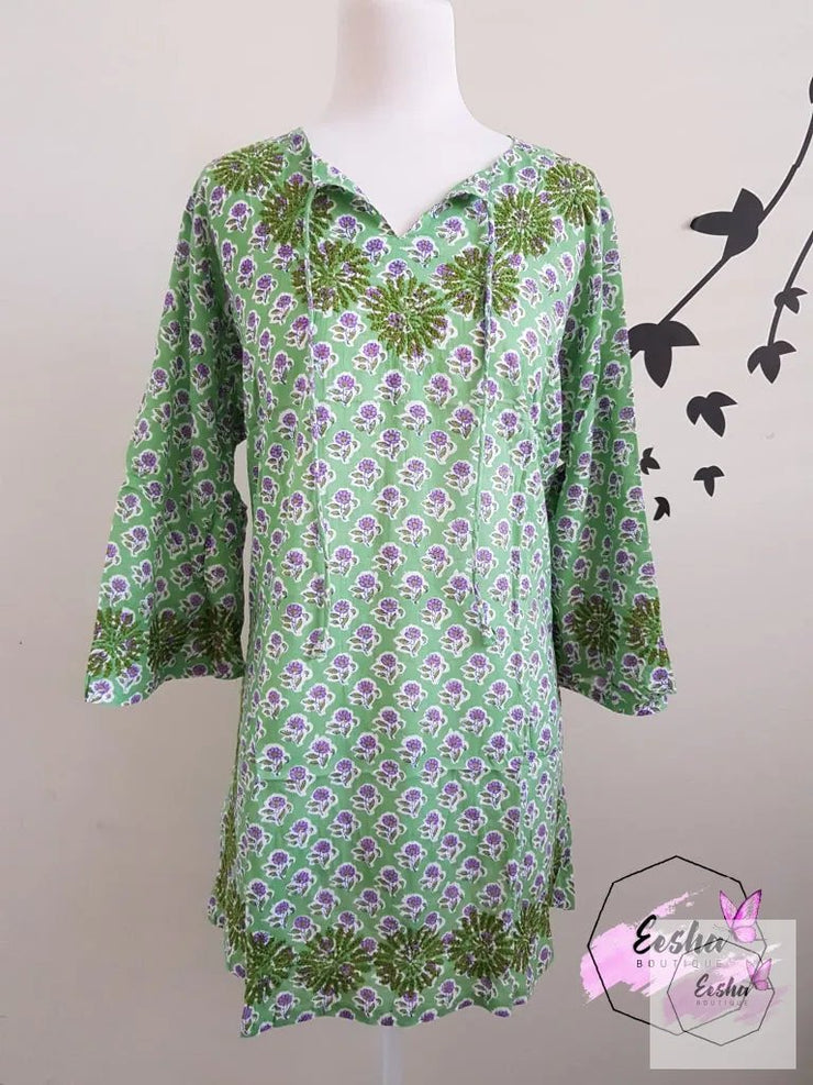 Green Bell Sleeves Hand Block Print Tunic Kurta With Chikankari Embroidery