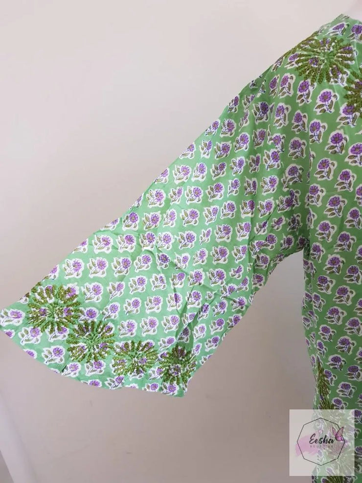 Green Bell Sleeves Hand Block Print Tunic Kurta With Chikankari Embroidery