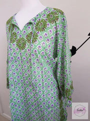 Green Bell Sleeves Hand Block Print Tunic Kurta With Chikankari Embroidery