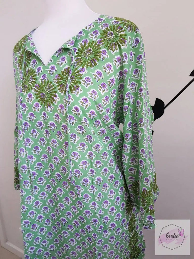 Green Bell Sleeves Hand Block Print Tunic Kurta With Chikankari Embroidery