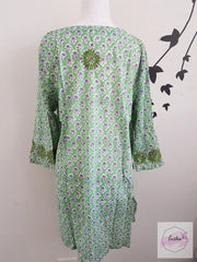 Green Bell Sleeves Hand Block Print Tunic Kurta With Chikankari Embroidery