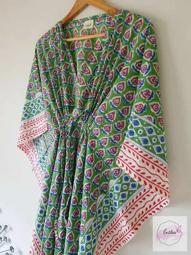 Green Paisley Hand Block Print Organic Cotton Voile Long Kaftan