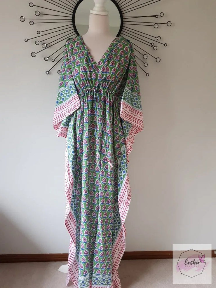 Green Paisley Hand Block Print Organic Cotton Voile Long Kaftan