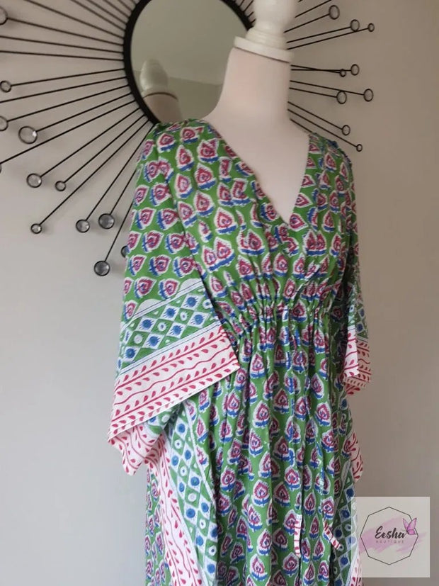 Green Paisley Hand Block Print Organic Cotton Voile Long Kaftan