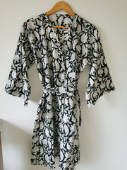 Hand Block Print Cotton Voile Short Kimono Robe Black Floral Bridal Bridesmaid Dressing Gown Xs-L