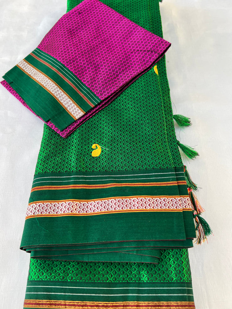 Green Handloom Silk Blended Khun Saree - Paisley Butta