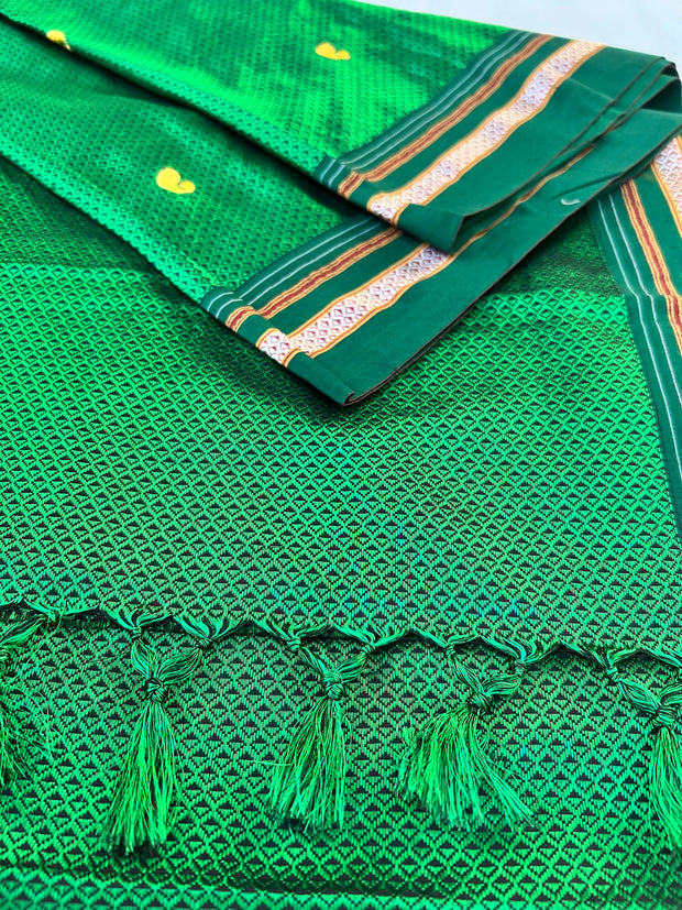 Green Handloom Silk Blended Khun Saree - Paisley Butta