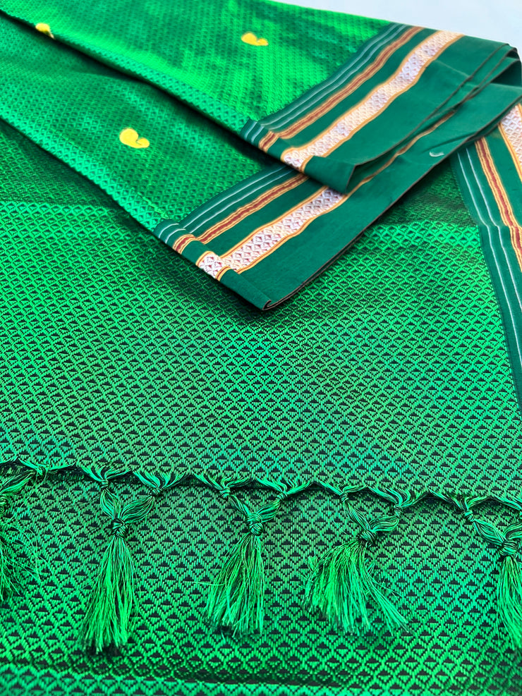 Green Handloom Silk Blended Khun Saree - Paisley Butta
