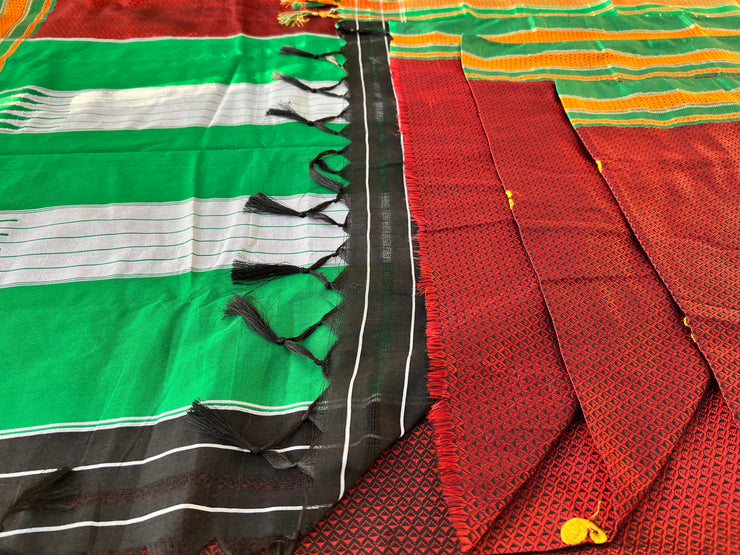 Red Handloom Silk Blended Khun Saree -Paisley Butta