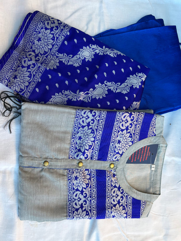 Grey and Royal Blue Solid Straight Chanderi Kurta with Patiala and Dupatta