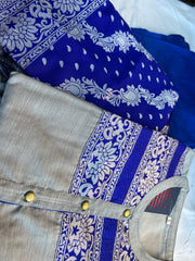 Grey and Royal Blue Solid Straight Chanderi Kurta with Patiala and Dupatta