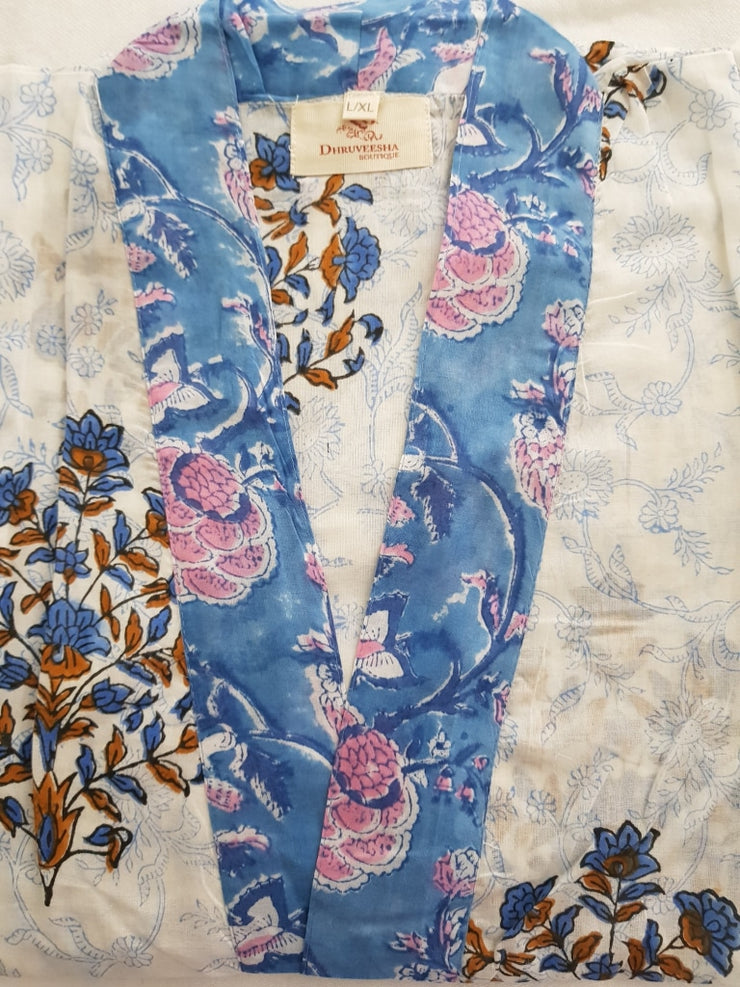 Indian Organic Cotton Hand Block Print Kimono Robe - Blue Indigo Big Floral- L/xl