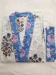 Indian Organic Cotton Hand Block Print Kimono Robe - Blue Indigo Big Floral- L/xl