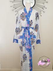 Indian Organic Cotton Hand Block Print Kimono Robe - Blue Indigo Big Floral- L/xl