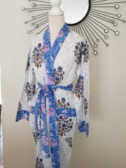 Indian Organic Cotton Hand Block Print Kimono Robe - Blue Indigo Big Floral- L/xl