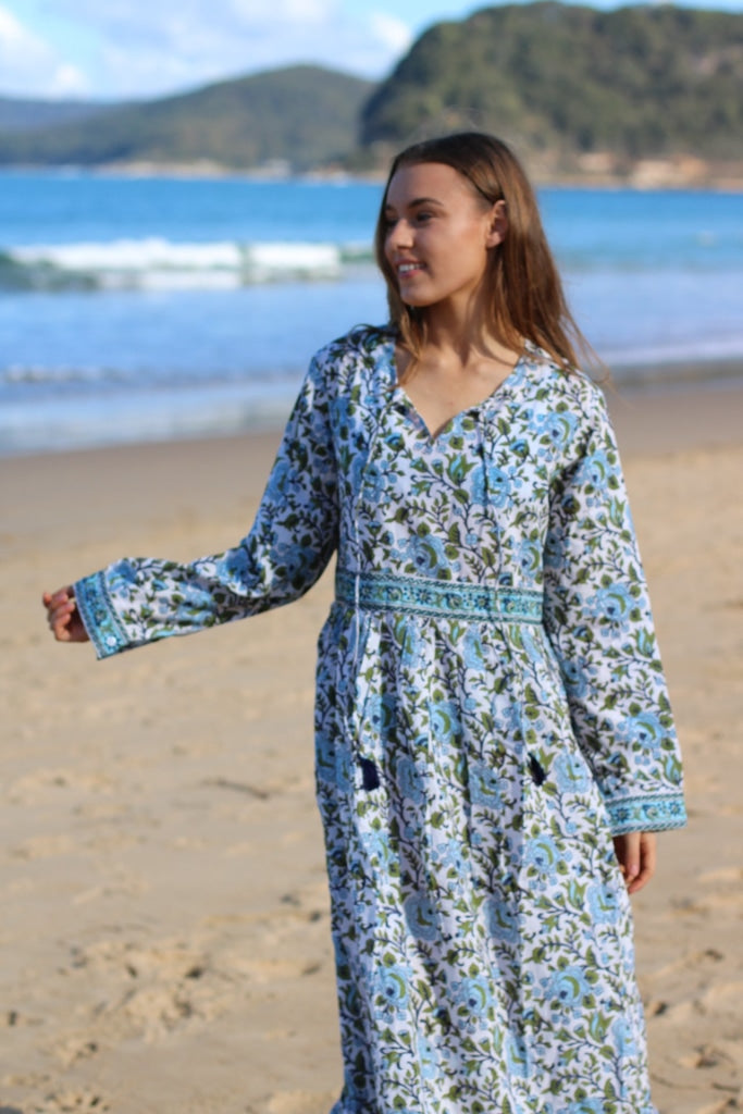 Indian Organic Cotton Hand Block Print Long Maxi Dress With Tussles