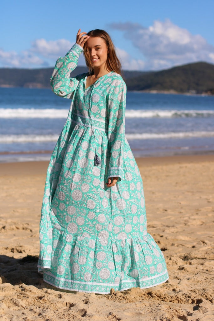 Indian Organic Cotton Hand Block Print Long Maxi Dress With Tussles